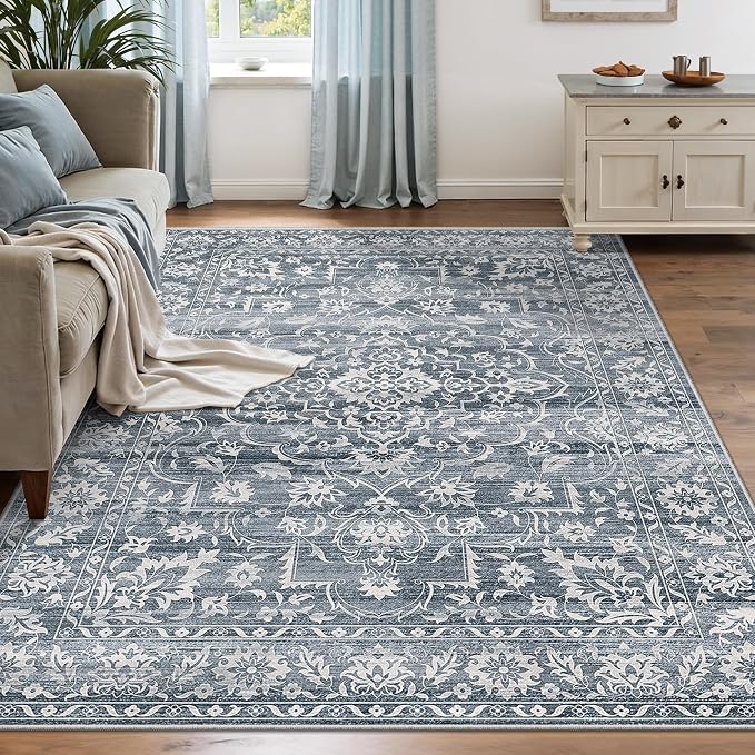 Soalmost 5x7 Area Rugs for Living Room, Washable Bedroom Soft Rug Blue | Vintage Floral Non-Slip Low Pile Throw Large Neutral Carpet for Dining Room Kitchen Home Office Nursery 5'x7'