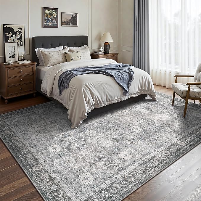 5x7 Area Rugs, Soft Non Slip Low Pile Washable Rug, Boho Modern Rug for Living Room, Bedroom, Dining Room, Distressed Grey