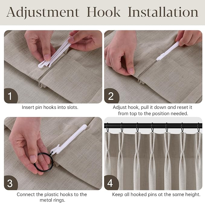 Pinch Pleated Linen Curtains 108 Inches Long 2 Panels for Living Room Bedroom Light Filtering Curtain Memory Shape Trained Pinch Pleat Thick Linen Drapes Back Tab with Hooks Clip Rings Taupe