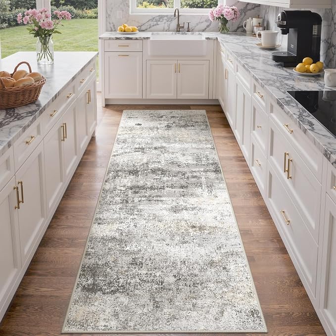 GENIMO Runner Rug Non Slip 2'6"x8', Washable Rug Runner for Hallways Kitchen, Abstract Modern Kitchen Rugs, Low Pile Lightweight Carpet Runners for Entryway, Bedroom, Laundry, Grey Beige