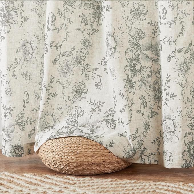 jinchan Gray Floral Linen Curtains Lined 63 Inch Vintage Back Tab 2 Panels | Privacy lining, light filtering drapes, vintage, cottagecore, french country, rustic, bedroom, living room, window treatment
