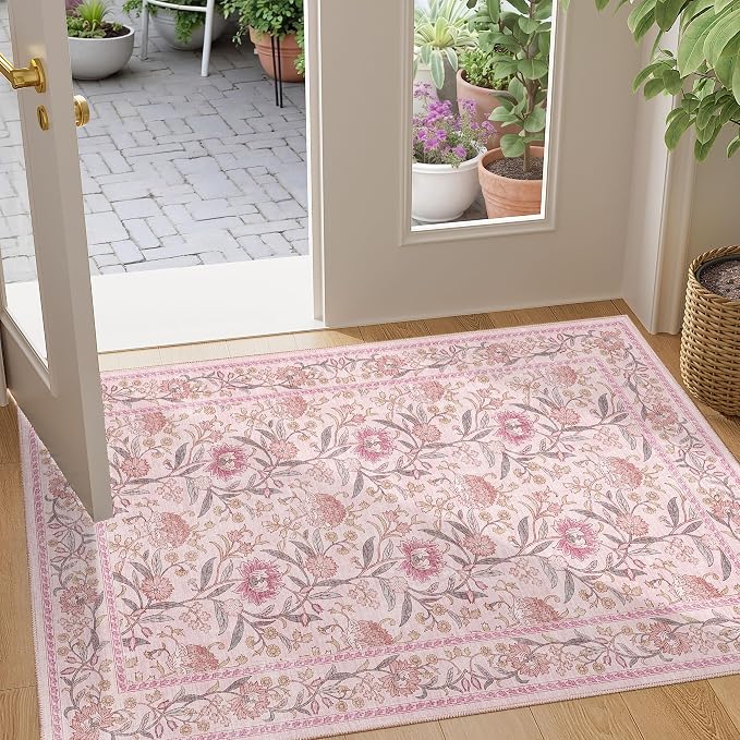DUKINO 2x3 Rug, Washable Vintage Floral Bathroom Rugs Non Slip, Pink | Low Pile, Stain Resistant Boho Soft Indoor Door Mat, Small Front Door Carpet for Entryway Kitchen Laundry Bedroom Farmhouse