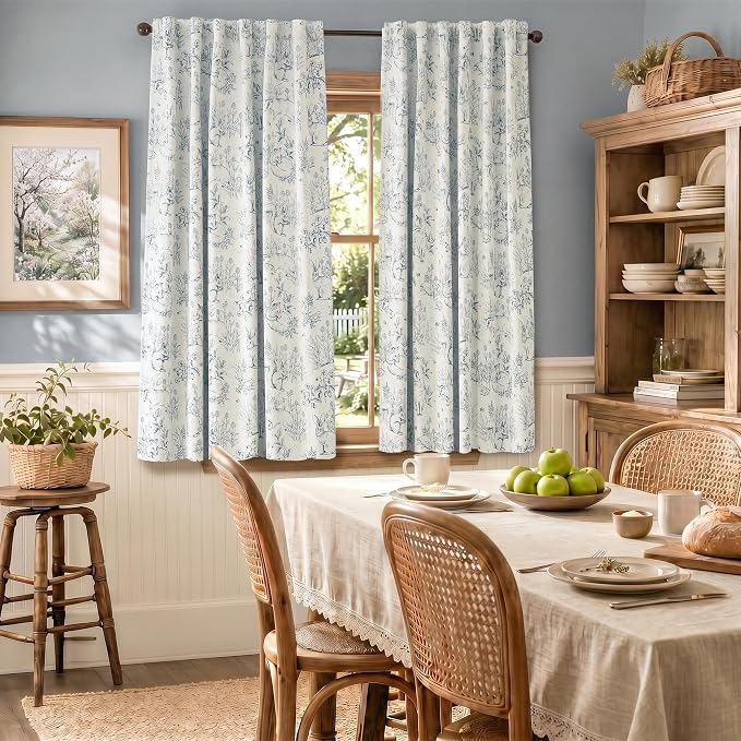 jinchan Blue Blackout Curtains 63 Inch Whimsical Back Tab 2 Panels | Room darkening,nursery kids bedroom,privacy,whimsical,cottagecore,bunny pattern,botanical,nature-inspired decor
