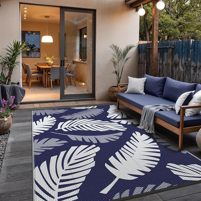 GENIMO Outdoor Rug, Waterproof Plastic Rugs for Patio, 6'x9' Blue White | Outside Larger Leaf Carpet Mat for Porch Decor, Deck, Balcony, Camping, RV, Backyard, Picnic, Beach, Reversible, Foldable