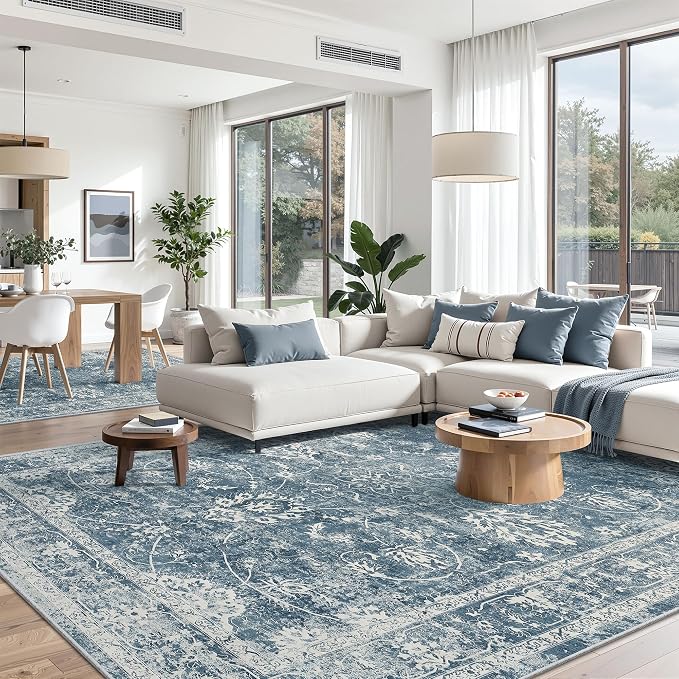 Madane Washable 6x9 Area Rugs for Living Room, Vintage Rug with Non-Slip Backing, Soft Stain Resistant Throw Rugs Thin Carpet for Bedroom Dining Room Farmhouse (6 x 9, Blue)