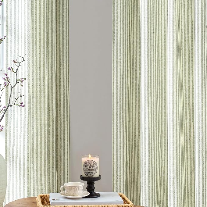 jinchan Linen Curtains 63 Inch Sage Green Stripe on Beige Grommet 2 Panels | Curtains for Living Room Bedroom,Ticking Stripe Pattern,Farmhouse Cottage Core Rustic, Window Treatment,Light Filtering