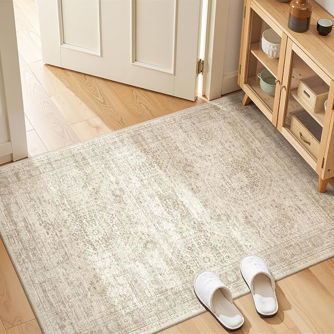 3x4 Rugs for Entryway,Washable Area Rug,Beige | Small Rug for Kitchen,Hallway,Bedroom,Bathroom,Thin,Soft, Neutral Rug,Stain Resistant Indoor Carpet,Non Slip