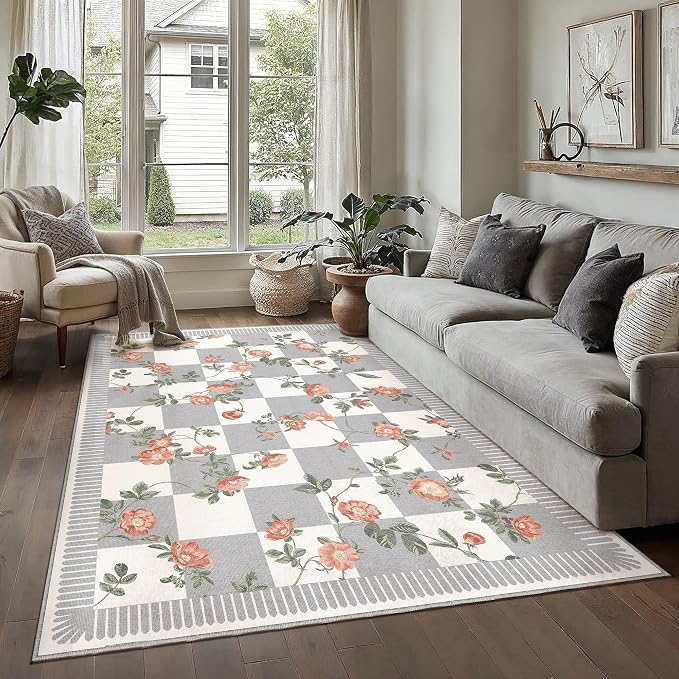 HUGEAR 6x9 Checkered Area Rugs Machine Washable Grey Living Room Rug Floral Print Non-Slip Stain Resistant Low Pile Indoor Throw Carpet for Bedroom Home Unique Aesthetic Modern Decor