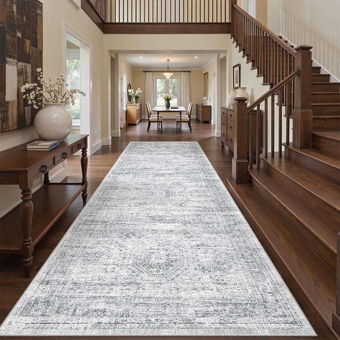 4x12 Runner Rug Non Slip,Washable Hallway Runner Rug,Grey | Area Rugs for Kitchen,Entryway,Bedroom,Bathroom,Nursery Room,Thin,Soft Runner Rug,Stain Resistant Indoor Carpet
