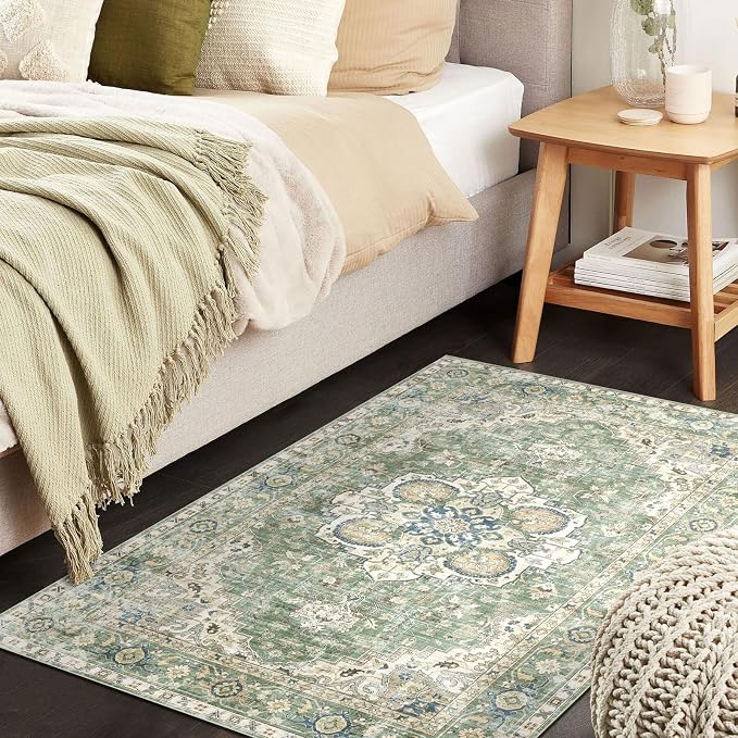 LUXRUG 2x3 Rugs for Entryway - Washable Doormat Ultra-Thin Sage Green Vintage Oriental Kitchen Rugs Non-Slip Front Door Mat Indoor Entrance Boho Small Throw Rug for Bedroom Bathroom Mudroom Carpet