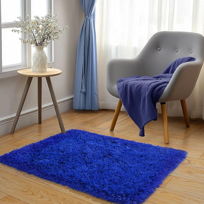 Small Shag Rug for Bedroom, 2x3 Throw Area Rugs for Living Room | Soft and Comfy, Fluffy Bedside Carpet for Nursery and Kids Room Girls Boys Dorm Home Decor Aesthetic, Upgrade Non Slip, Blue
