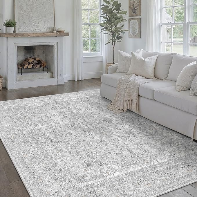 PureCozy 8x10 Area Rug Washable Gray Vintage Traditional Oriental | Non Slip, Soft Low Pile, Indoor Carpet for Living Room, Bedroom, Dining Room, Distressed Retro Decor