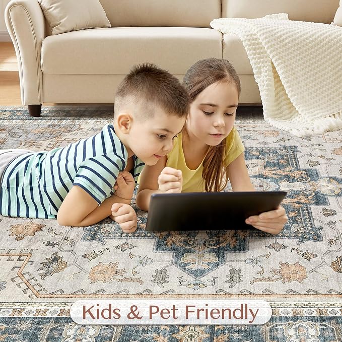 Tortania Area Rug Living Room Rugs - 9x12 Washable Boho Rug Vintage Oriental Distressed Farmhouse Large Thin Indoor Carpet for Living Room Bedroom Under Dining Table Home Office - TealTaupe