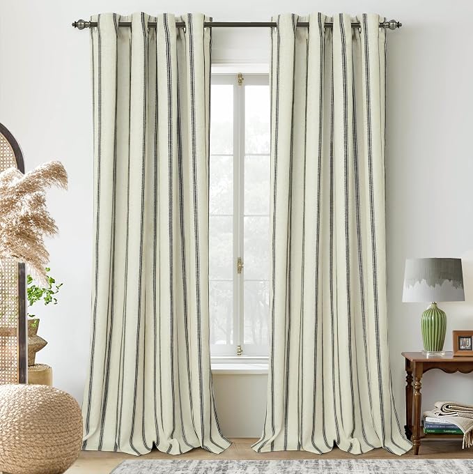 DriftAway Farmhouse Linen Stripe Blackout Curtains, W52xL84, Black | Blackout, Linen Texture, Stripe Pattern, Rod Pocket & Back Tab, Two Layers, Bedroom Living Room Use, Sound Reducing Design