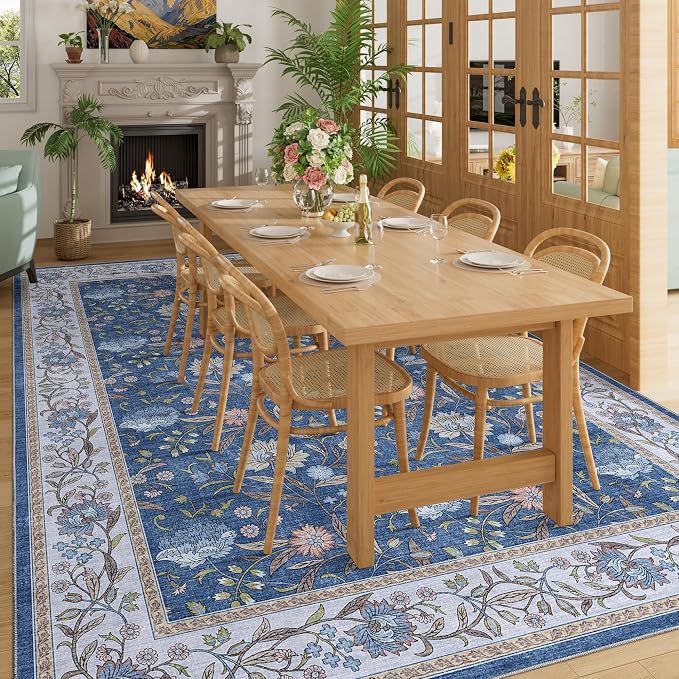DUKINO 9x12 Area Rug for Living Room Vintage Floral Washable Rug, Sky Blue | Non Slip, Low Pile, Non-Shedding, Stain Resistant, Aesthetic Soft Indoor Large Carpet for Bedroom Dining Room Farmhouse