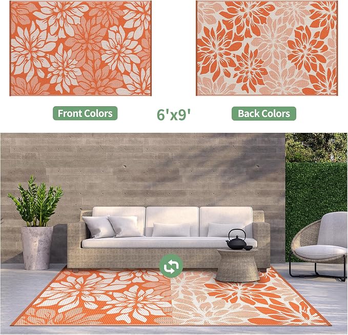 GENIMO Outdoor Rug, Waterproof Plastic Rugs for Patio, 6'x9' Orange Beige | Outside Larger Leaf Carpet Mat for Porch Decor, Deck, Balcony, Camping, RV, Backyard, Picnic, Beach, Reversible, Foldable