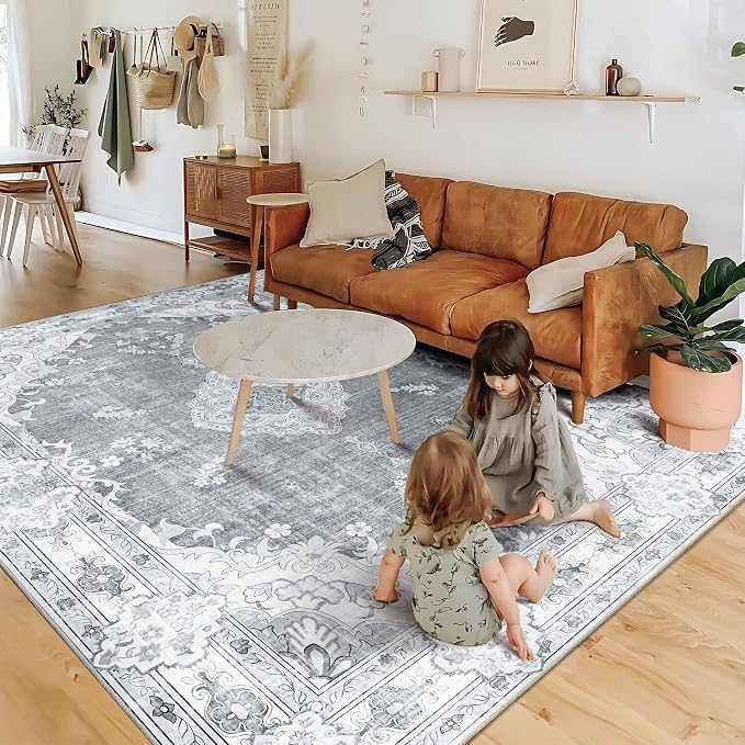 MUJOO Grey Rug Washable,6x9 Area Rugs Non Slip Low-Pile Floral Large | Machine Washable Throw Carpet for Living Room Bedroom Dining Room Boho Soft Indoor Vintage Bohemian Flowers