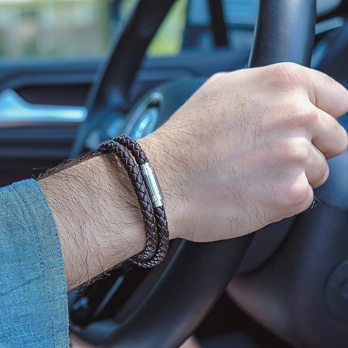 globi Leather Bracelet For Men | Genuine Wrap Braided Leather Cuff Bangle Bracelet with Magnetic Stainless Steel Clasp For Men/Women