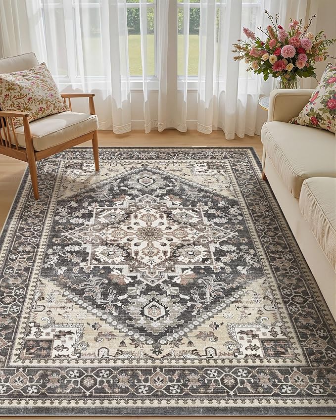 5x7 Vintage Area Rug: Washable Neutral Soft Non Slip Thin Large Floor Carpet for Living Room Bedroom Kitchen Dining Room Home Office Farmhouse Indoor - Black
