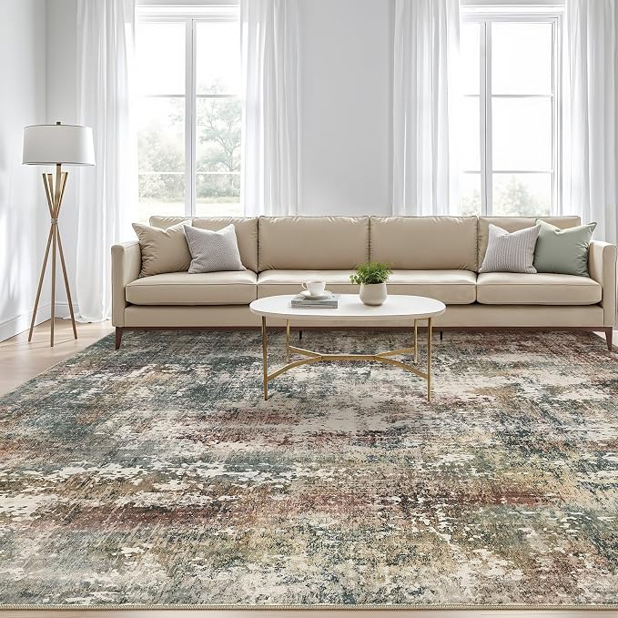 7x9 Area Rug Washable Rugs: Living Room Large Abstract Modern Soft Stain Resistant Indoor Floor Non-Slip Accent Carpet for Bedroom Nursery Playroom Office Dining Room Dorm Home House- Green Red