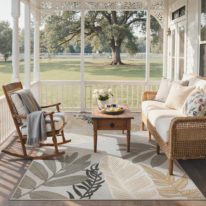 GENIMO 6x9 Outdoor Rug, Washable for Patio and Deck, Sand Grey | Botanical leaf design for dining area; fade resistant chenille with quick-dry non-slip backing for indoor sunroom.