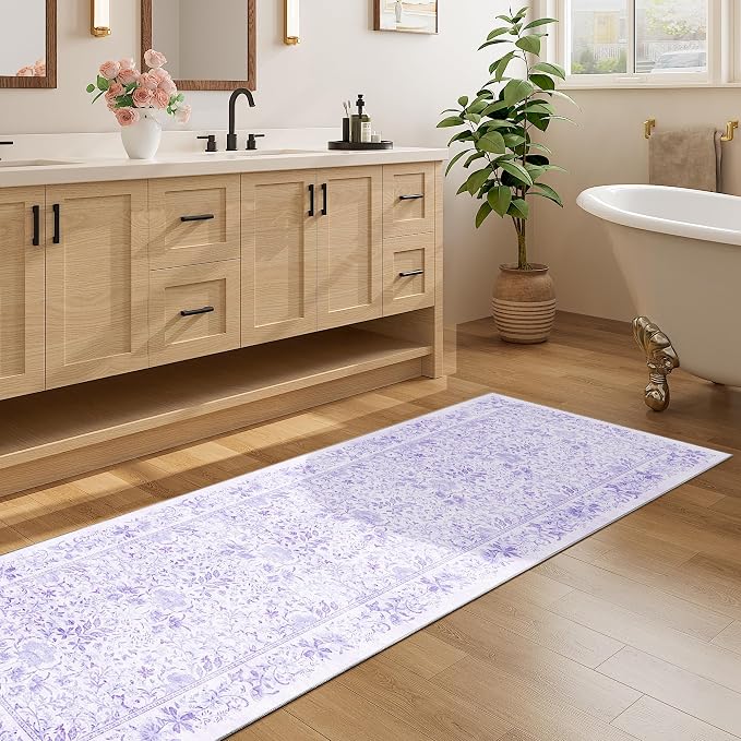 DUKINO 2.6x8 Runner Rug, Washable Vintage Floral Kitchen Rug, Purple | Non Slip, Low Pile, Non-Shedding, Stain Resistant, Soft Throw Carpet Runner for Hallway Bathroom Laundry Entryway Farmhouse