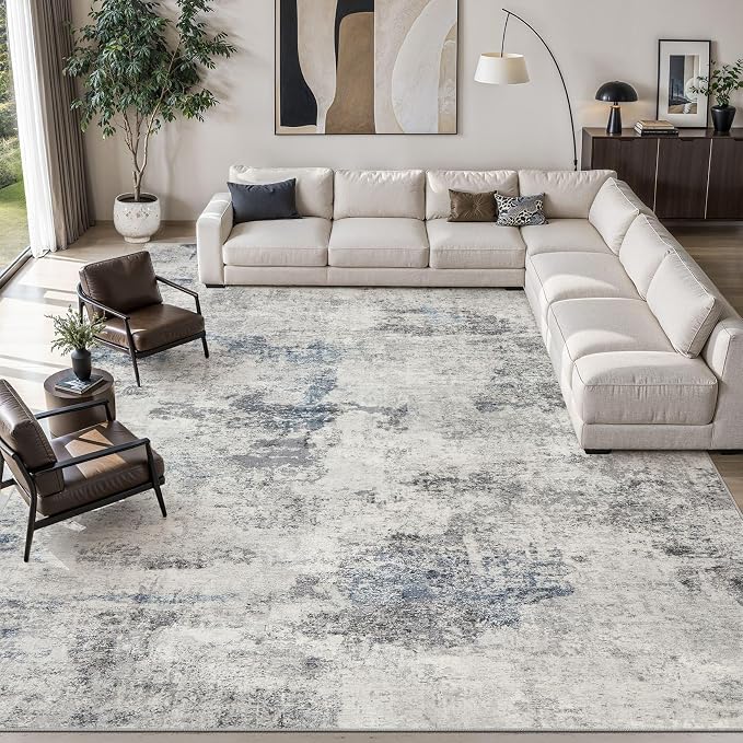 DMOYEST 7x9 Area Rugs for Living Room, Washable Large Abstract Rug, Non Slip Low Pile Indoor Carpet, Kid & Pet Friendly Neutral Modern Rugs for Bedroom Dining Room - Grey Blue