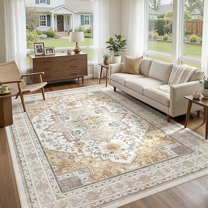 UERMEI 8x10 Area Rug for Living Room - Washable Vintage Carpet, Non-Slip Soft Large Indoor Floor Rugs for Bedroom Home Office & Under Dining Table Decor, Brown Beige