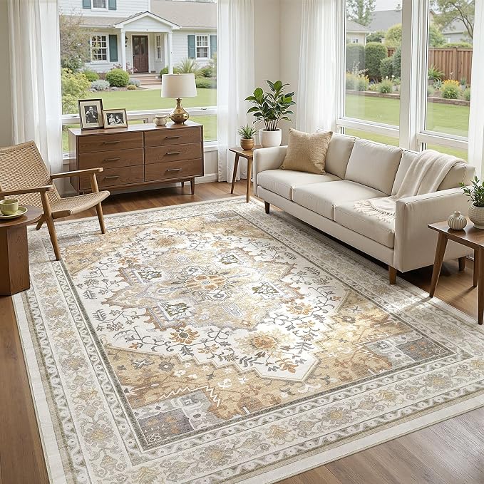 UERMEI 10x12 Area Rug for Living Room - Washable Vintage Carpet, Non-Slip Soft Large Indoor Floor Rugs for Bedroom Home Office & Under Dining Table Decor, Brown Beige