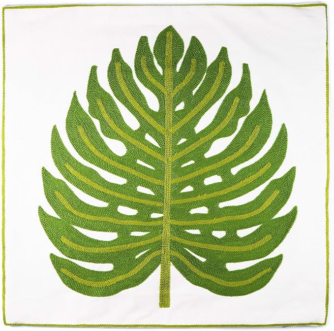 Embroidery Throw Pillow Cover 18x18 Home Decor Green Leaf Floor Pillow Cover for Couch 100% Cotton Cushion Cover Pillowcase Tropical Monstera Leaves Embroidered 45x45cm, 1 Piece