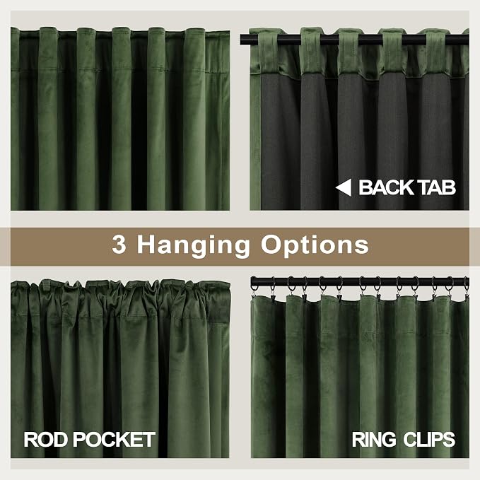 Olive Green Velvet Curtains for Boys Bedroom Kids Nursery 63 Inch Length 2 Panel Living Room Darkening Insulated Thermal Curtain for Summer Heat Blocking Light Drapes for Laundry Kitchen Holiday Decor
