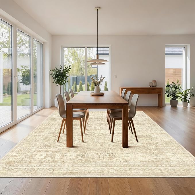 Beige Living Room Rugs 8x10, Neutral Vintage Boho Carpet for Bedroom | TTelephant Washable Low Pile Nursery Indoor Area Rug for Dining Room with Non-Slip Silicone Backing, Non-Shedding
