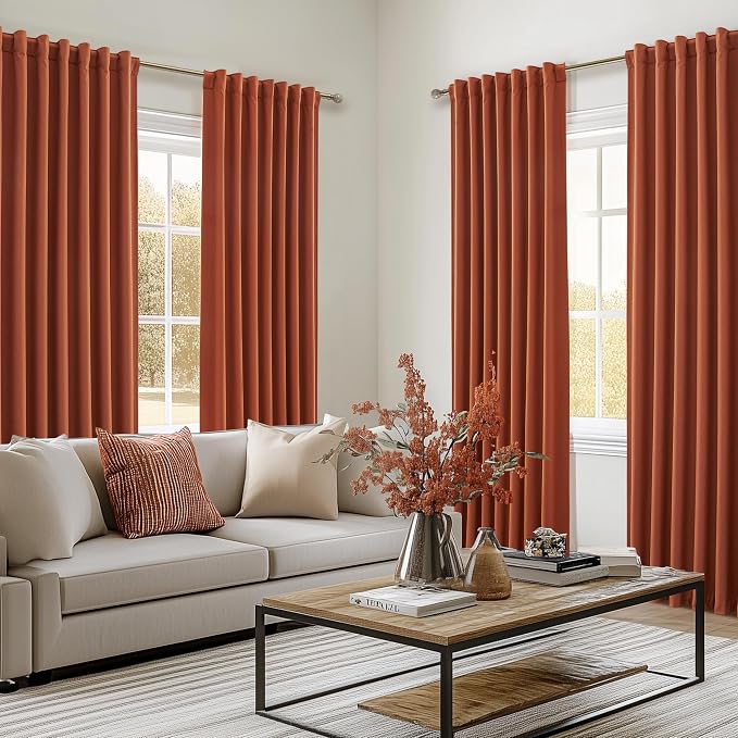 Fall Burnt Orange Curtains Blackout 105 Inches Long 2 Panels Set,Terracotta Autumn Color Decor Retro for Living Room/Bedroom Antique Copper Rust Boho 70s Window Pleated Linen Drapes (W50"xL105")