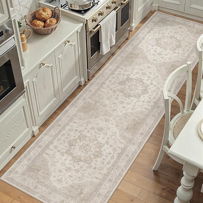 PureCozy Beige Runner Rug 2'6"x10' Washable Vintage Carpet Hallway Kitchen Soft Retro Low Pile Thin Indoor Bedroom Non Slip Oriental Medallion Long Throw Rug for Bathroom Laundry Dining Room