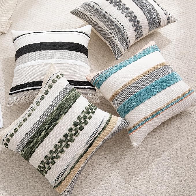 Boho Throw Pillow Covers 18x18 Set of 2 for Couch-Modern Farmhouse Sofa Decorative Grey Throw Pillows Covers Textured Chenille Cushion Covers Outdoor Netural Bohemian Pillow Cases Square