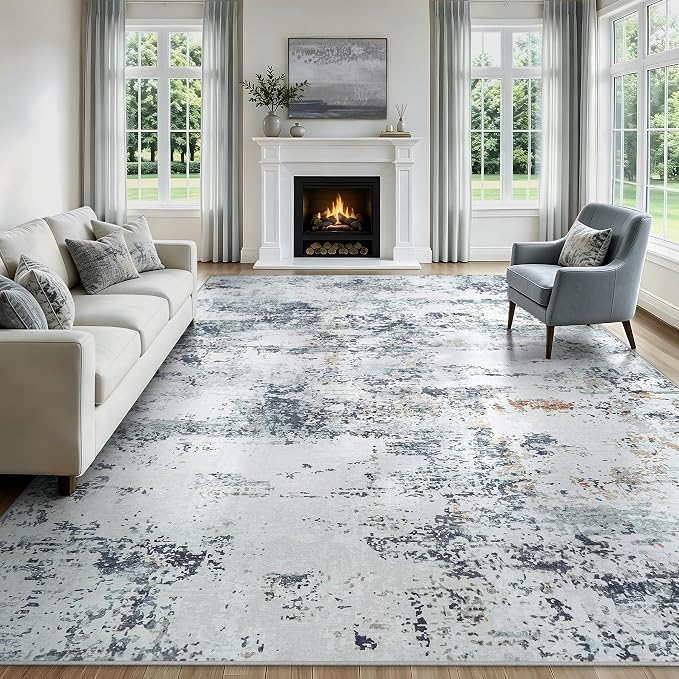 9x12 Area Rugs Living Room Rug Modern Abstract Neutral Washable Rugs Non Slip Soft Carpet Large Area Rug Low Pile Stain Resistant Non Shedding for Bedroom Nursery Dining Room Home Office Blue Grey