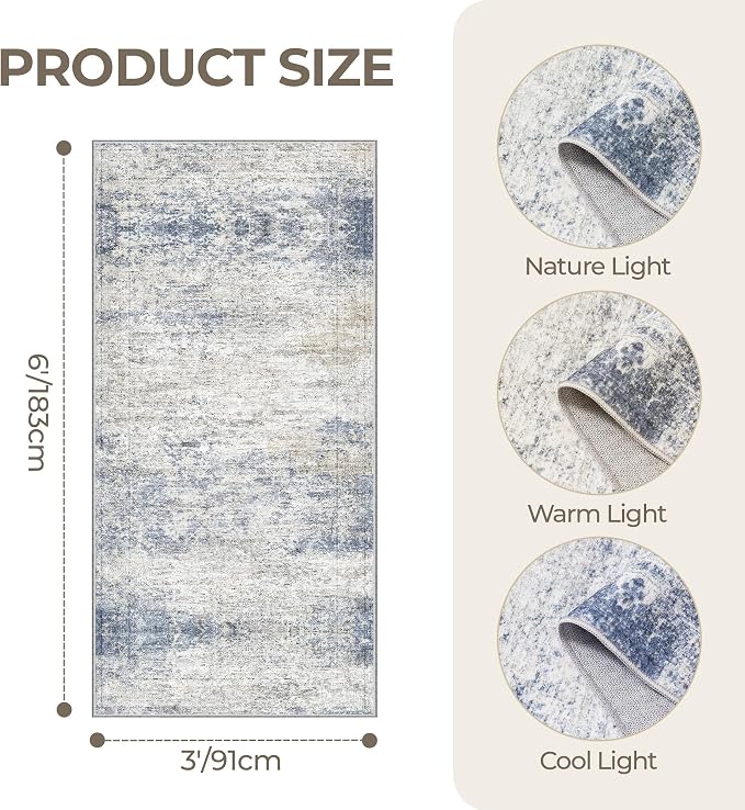 3x6 Runner Rug Non Slip,Washable Hallway Runner Rug,Blue | Neutral Rugs for Kitchen,Entryway,Bedroom,Bathroom,Nursery Room,Thin,Soft Runner Rug,Stain Resistant Indoor Carpet