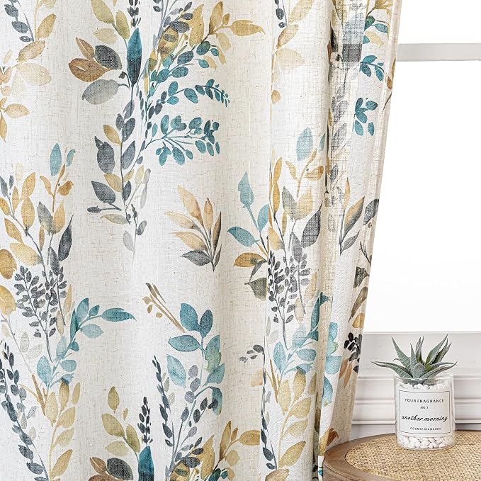 MYSKY HOME Floral Linen Curtains 45 inch Length 2 Panels Set Leaf Patterned Semi Sheer Light Filtering Privacy Farmhouse Grommet Drapes for Bedroom Small Window, 52" Wide Each Panel, Yellow and Blue