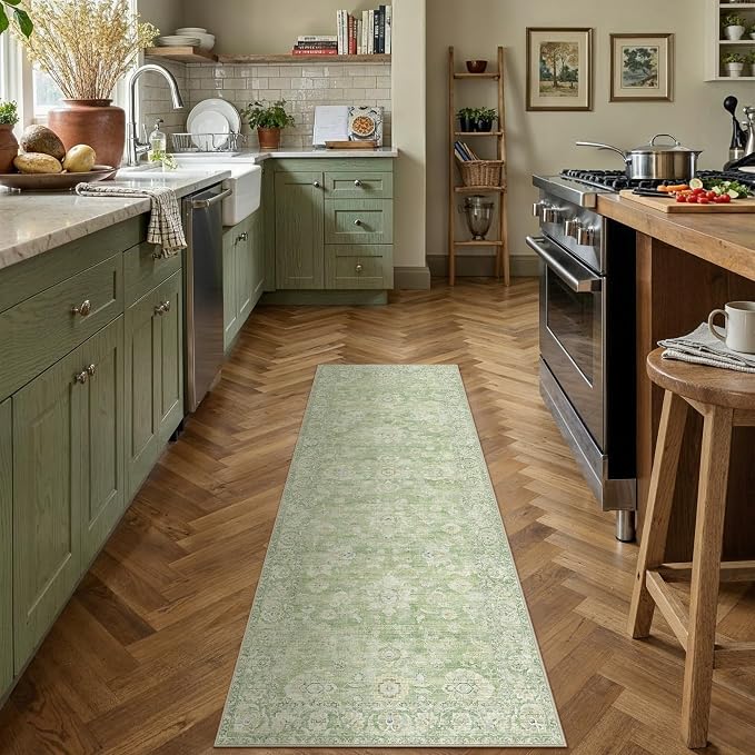 2x6 Green Washable Runner Rug for Kitchen Hallway Neutral Floral Soft Non Slip Rug Low Pile Distressed Carpet for Bathroom Bedroom Indoor Nursery