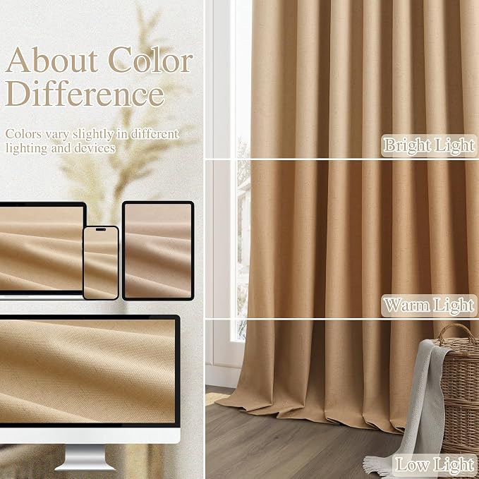 Guken 100% Blackout Linen Curtains 96 Inch Length 2 Panels Set for Living Room Bedroom Back Tab Thermal Insulated Black Out Linen Drapes Room Darkening Window Curtains,Camel Brown
