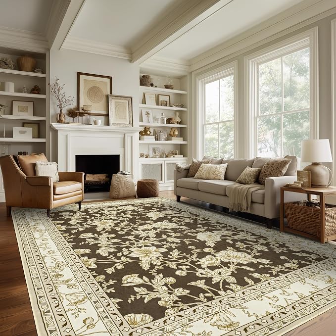 Browm Floral 8x10 Area Rugs for Living Room, Cream Beige Taupe Sketch Pattern Bedroom Rug Boho Low Pile Dining Room Washable Carpet 8x10, Vintage Soft Indoor Non-Slip Floor Covering Nursery Playroom
