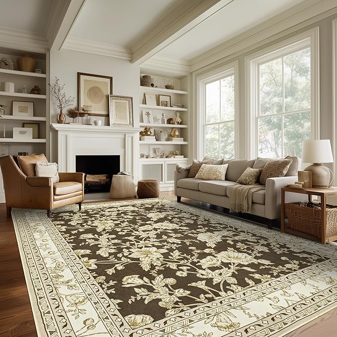 Large Neutral Brown Area Rug 10x12 for Living Room Earth Tone Cream Khaki Pattern Modern Boho for Bedroom Soft Vintage Area Rug Farmhouse Floral Carpet for Dining Room Guest Bedroom Home Decor