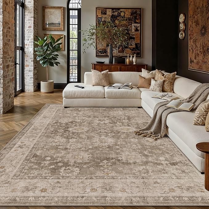 HUGEAR 6x9 Area Rug Taupe Machine Washable Rug Room Decor Vintage Distressed Living Room Carpet Non Slip Low Pile Throw Rugs for Bedroom Dining Room Office Soft Lightweight