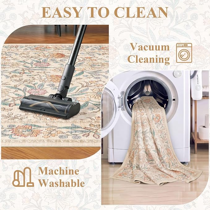 DUKINO 9x12 Area Rug for Living Room, Vintage Floral Washable Rug, Beige | Non Slip, Low Pile, Non-Shedding, Stain Resistant, Aesthetic Soft Indoor Large Carpet for Bedroom Dining Room Farmhouse