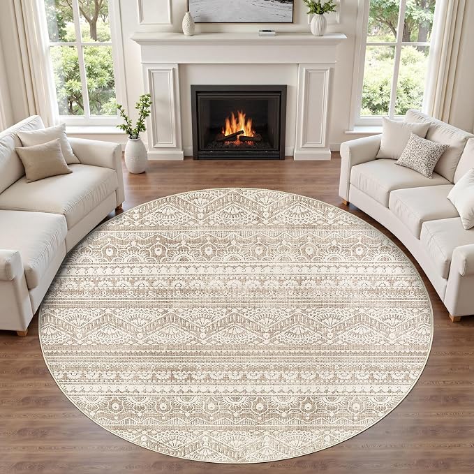Tortania 10' Round Area Rug Living Room Rugs - Washable Large Soft Neutral Boho Moroccan Bohemian Farmhouse Rug Indoor Floor Carpet for Bedroom Under Dining Table Home Office Decor - Light Brown