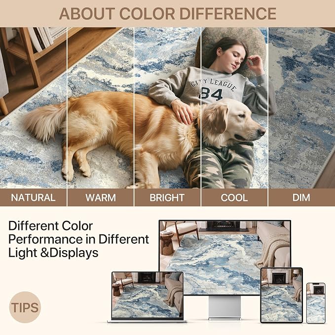 GENIMO Abstract Area Rug 8x10, Washable Large Modern Rug Non Slip, Low Pile Lightweight Soft Carpet for Living Room, Bedroom, Dining Room, Blue Grey