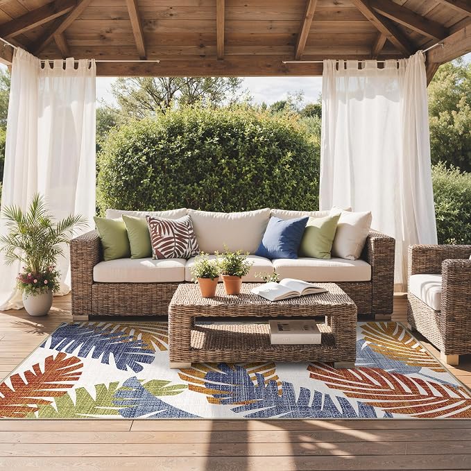 GENIMO 4x6 Outdoor Rug, Washable for Porch and Patio, Leaf Tropical Rust | Botanical leaf design for balcony; fade resistant chenille with quick-dry non-slip backing for deck and indoor space.