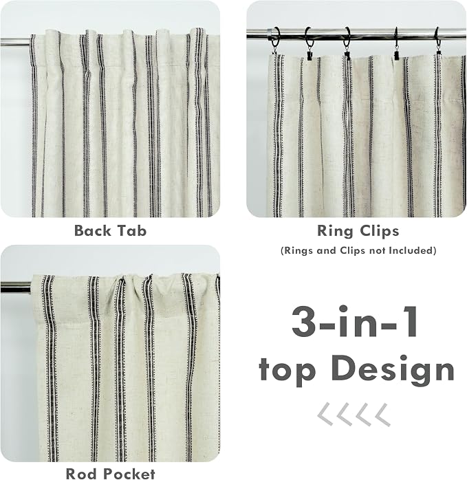 DriftAway Farmhouse Stripe Blackout Curtains, W52xL84, Black | Blackout, Linen Texture, Stripe Pattern, Rod Pocket & Back Tab, Two Layers, Bedroom Living Room Use, Sound Reducing Design