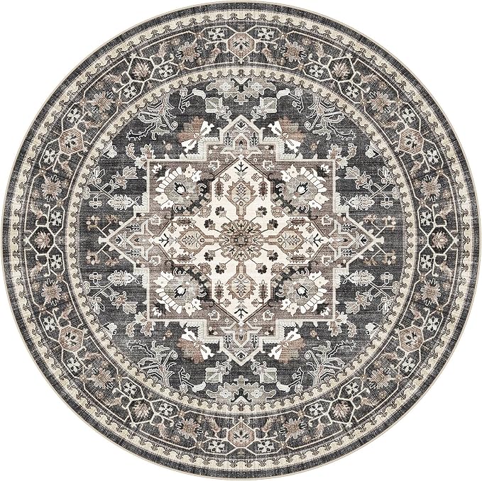 6ft Round Area Rug: Washable Vintage Neutral Soft Non Slip Thin Large Floor Carpet for Living Room Bedroom Kitchen Dining Room Home Office Farmhouse Indoor - Black