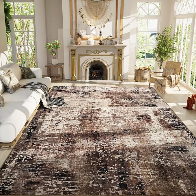 Ompaa Living Room Rug 8x10 Brown Area Rugs Machine Washable Abstract Coffee Boho Large Carpet Non-Slip Non-Shedding Faux Wool Indoor Vintage Rug for Bedroom, Classroom, Dining Room, Kids Playroom